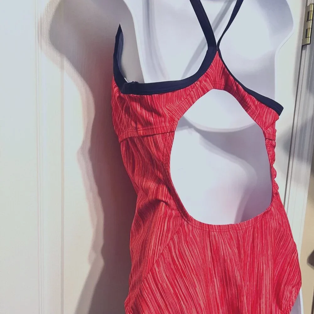 Nike Razorback Women's One Piece Swimsuit-Coral/Red/Navy Blue-Size Large-Beach